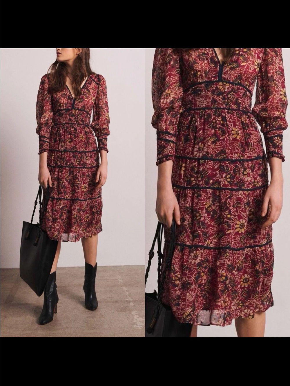 ba&sh Gigi Floral Print Long Sleeve Midi Dress Size 3 or US Large